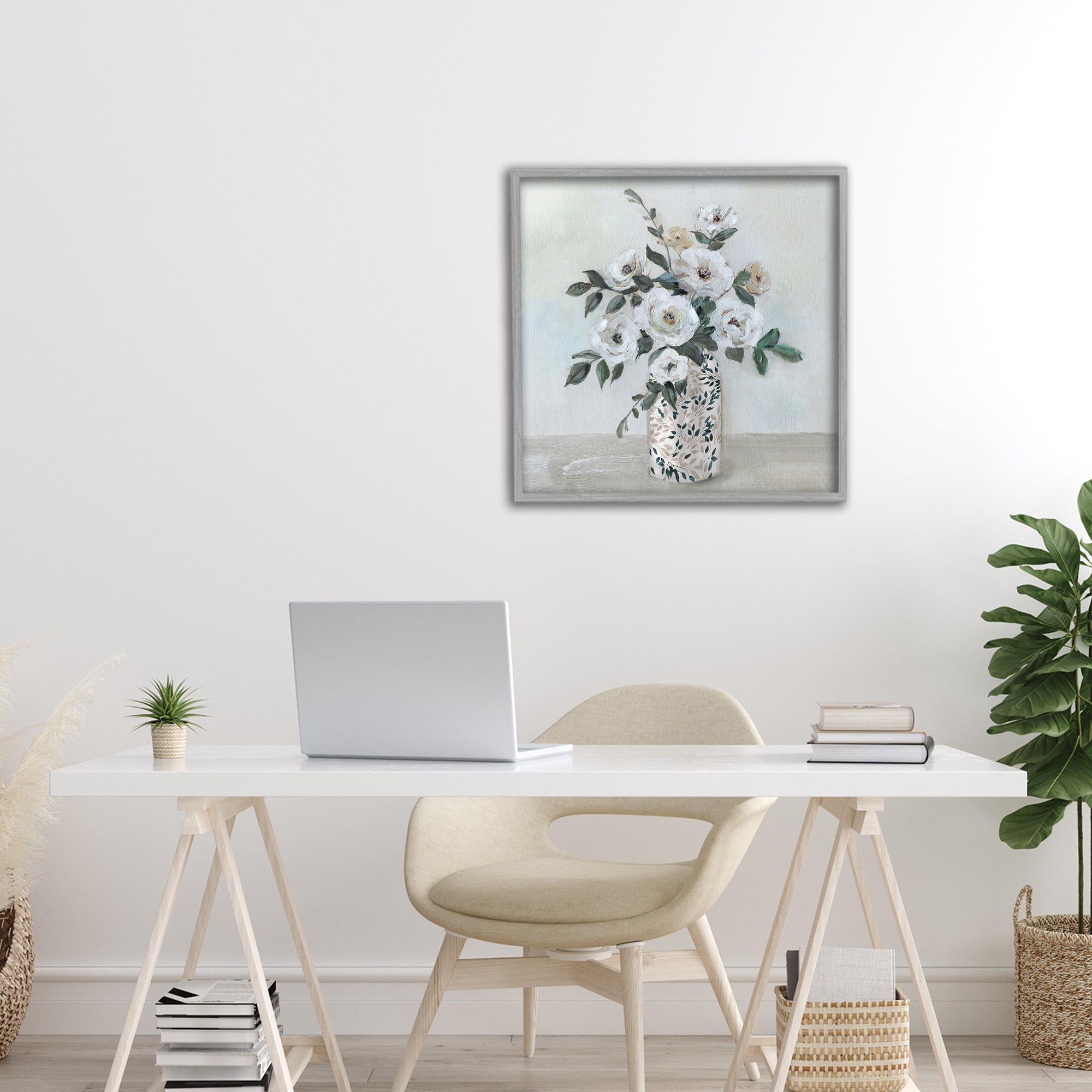 Stupell Industries Leaf Patterned Flower Vase Gray Framed Giclee Art, design by Sally Swatland