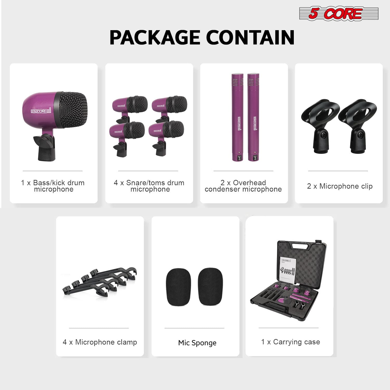 7-Piece All-Metal Drum Microphone Kit for Tom, Snare & Cymbals, Professional Wired Instrument Mics for Studio & Live Performance
