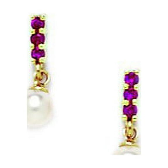 14k Yellow Gold White 5x5mm Freshwater Cultured Pearl Red CZ Screw-Back Earrings - Measures 13x5mm