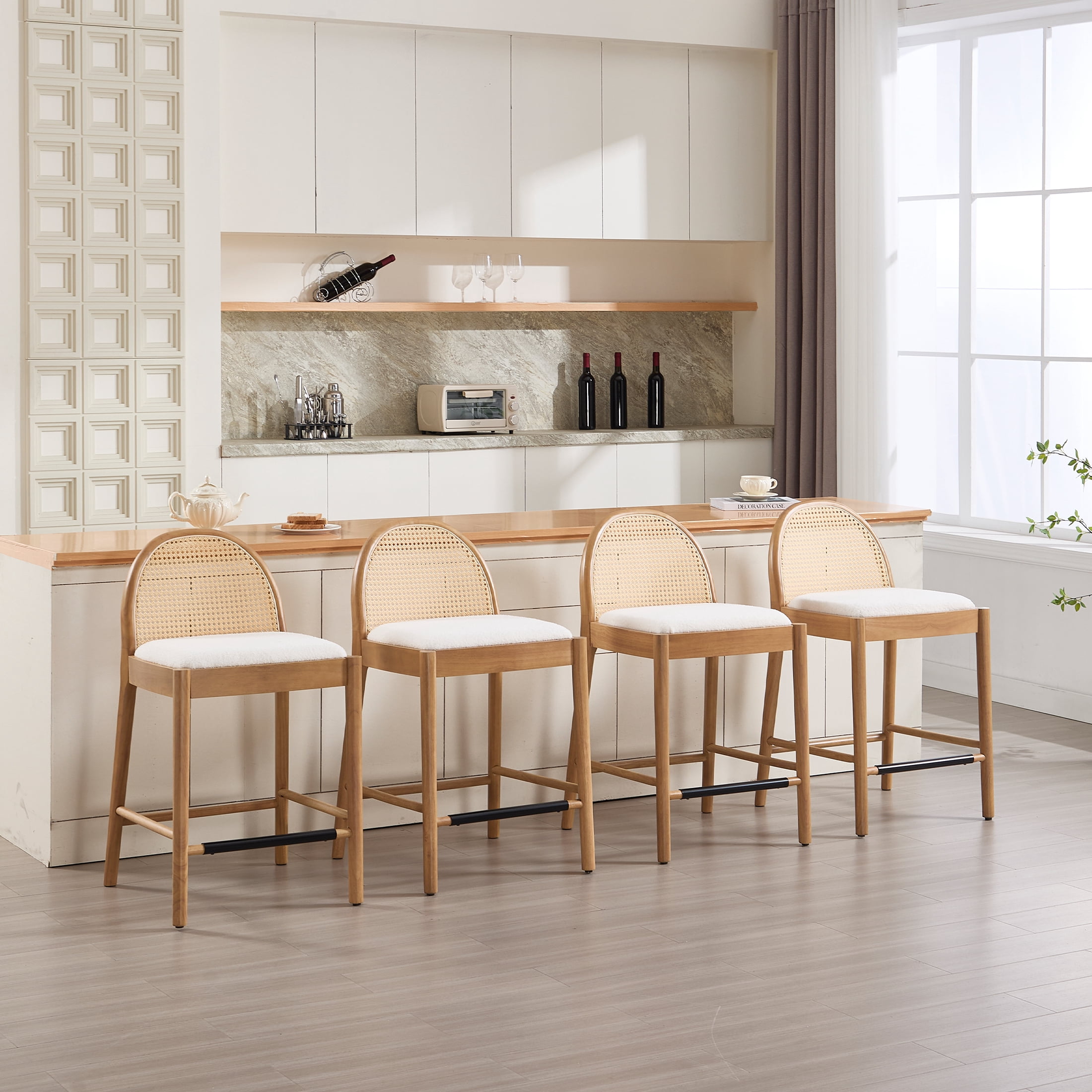 Guyou Modern Bar Stools Set of 2, 26" Counter Height Bar Stools with Natural Rattan Back and Solid Wood Frame, Sherpa Upholstered Kitchen Island Chairs for Bar Island Cafe Kitchen, White