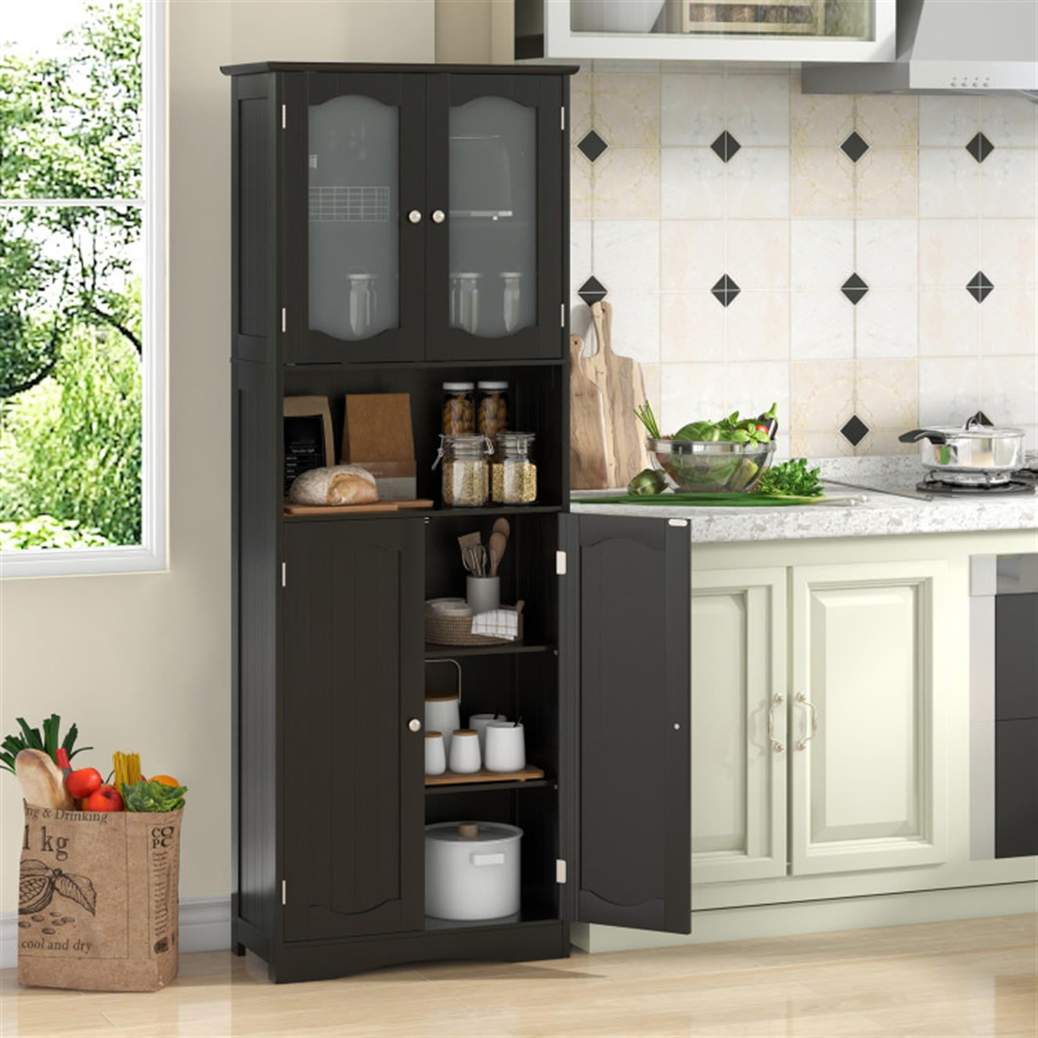 Demi Bonn 64.5" Tall Freestanding Bathroom Storage Cabinet with Frost Glass Doors and Shelves, Pantry Cabinets, Black