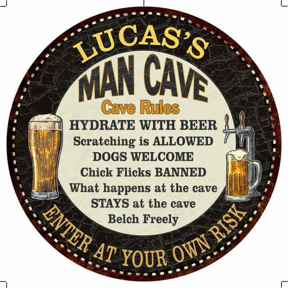 LUCAS'S Man Cave Rules 14" Round Metal Sign Garage Wall Decor 100140010202