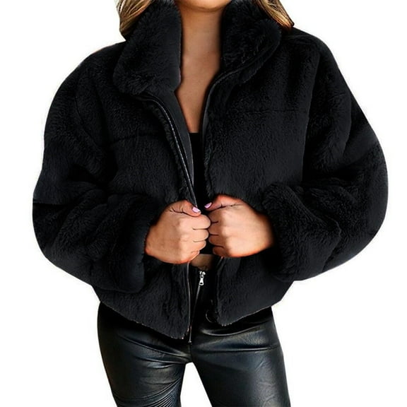 Vinsonshop Sherpa Jacket Women Cropped Jacket Fuzzy Coats for Women Full Zip Jacket Womens Coats Winter Fluffy Coat Cropped Fleece Jacket Women Black L