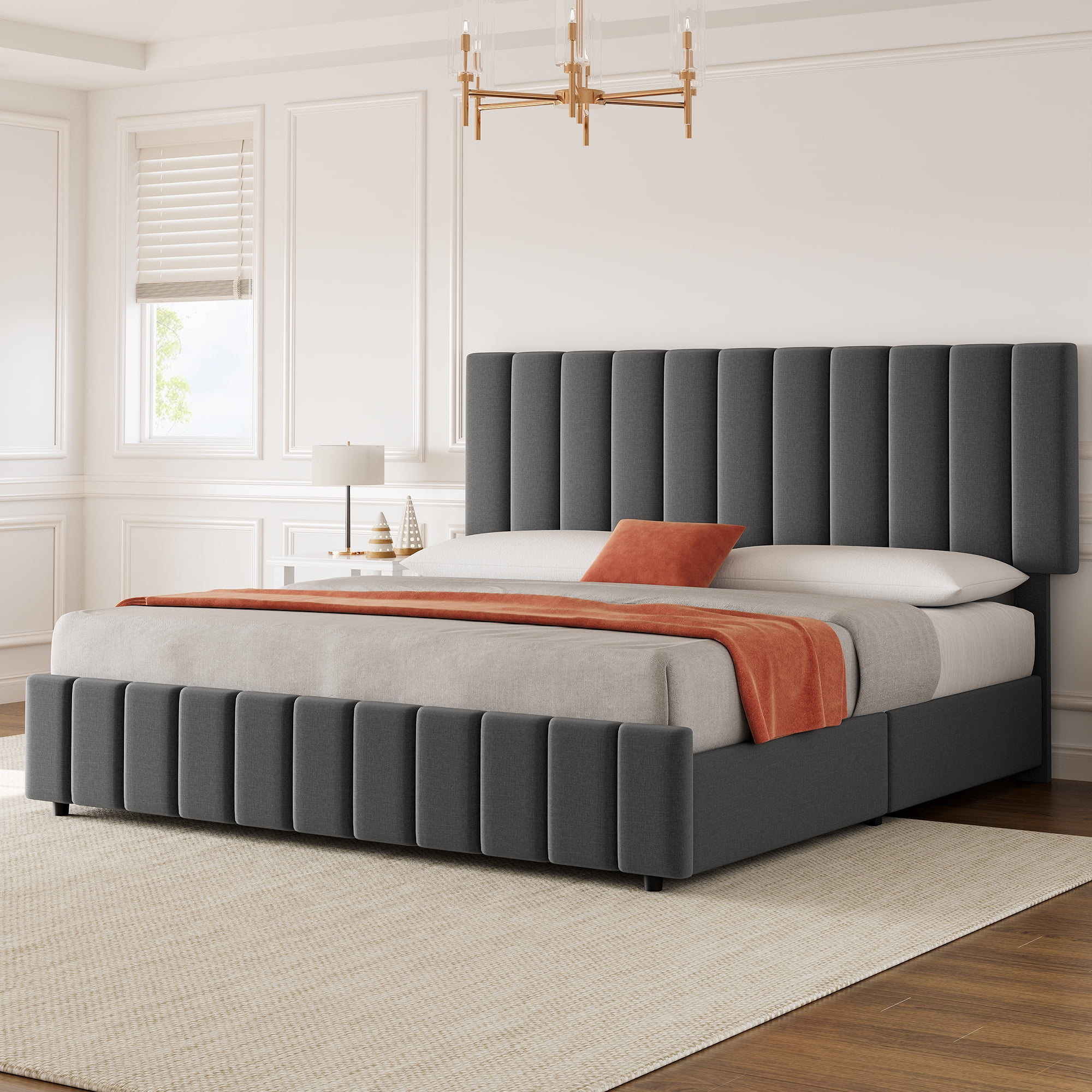 Upholstered Platform Queen Size Bed Frame with Adjustable Headboard,Queen Size Bed Frame with 4 Storage Drawers,Linen Upholstered Platform Bed Frame with Wooden Slats Support,No Box Spring Needed