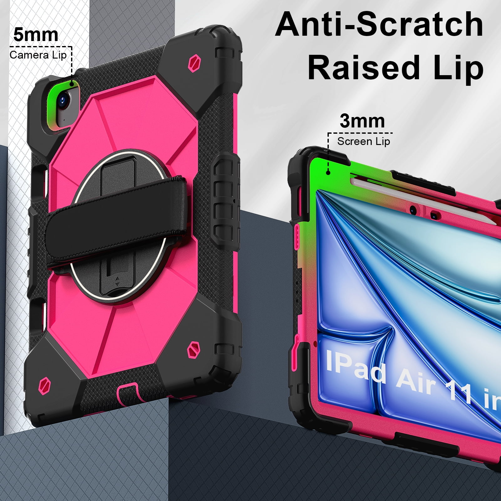 for iPad Air 13 inch (M2) 2024 Case, Military Grade Heavy Duty Silicone Protection Cover with Pencil Holder + 360 Rotating Stand + Wrist Handle Rugged Cover for iPad Air 13" 2024, Black+Rose