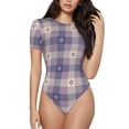 thumbnail image 1 of Kdxio Justaucorps à Carreaux Vichy Floral Violet pour Femmes Manches Courtes Col Rond Modal Doux Confortable Ajusté Aguichant Haut-Petit, 1 of 7
