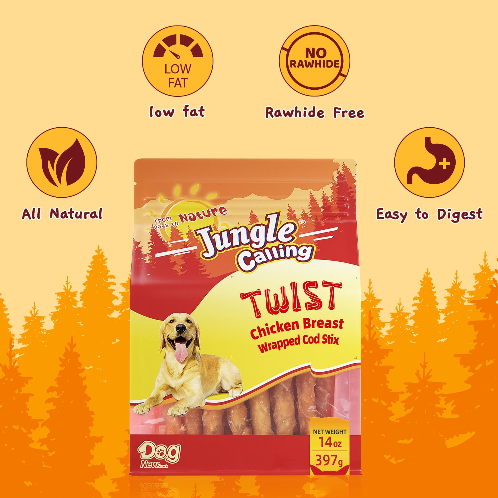 (4 pack) Jungle Calling Chicken Wrap Cod Sticks Rawhide-Free Dog Treats, 14-oz bag