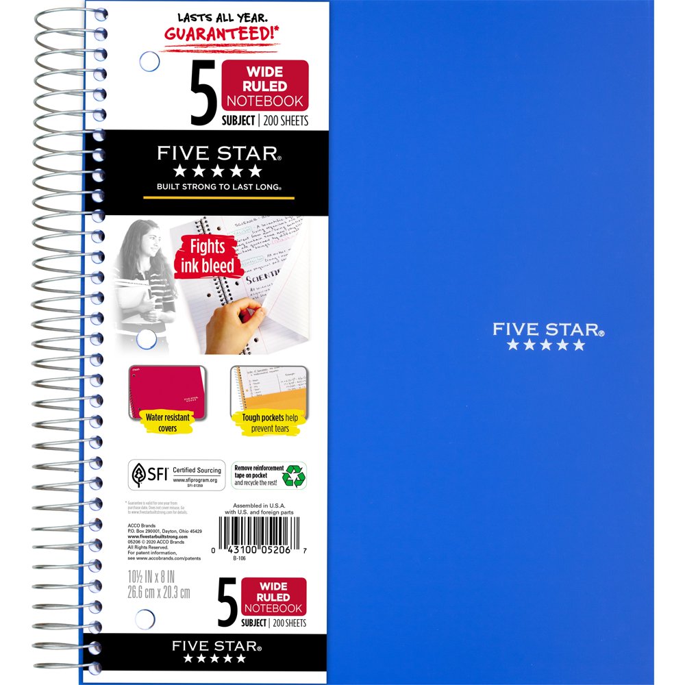 Five Star Wirebound Notebook, 5 Subject, Wide Ruled, 10 1/2