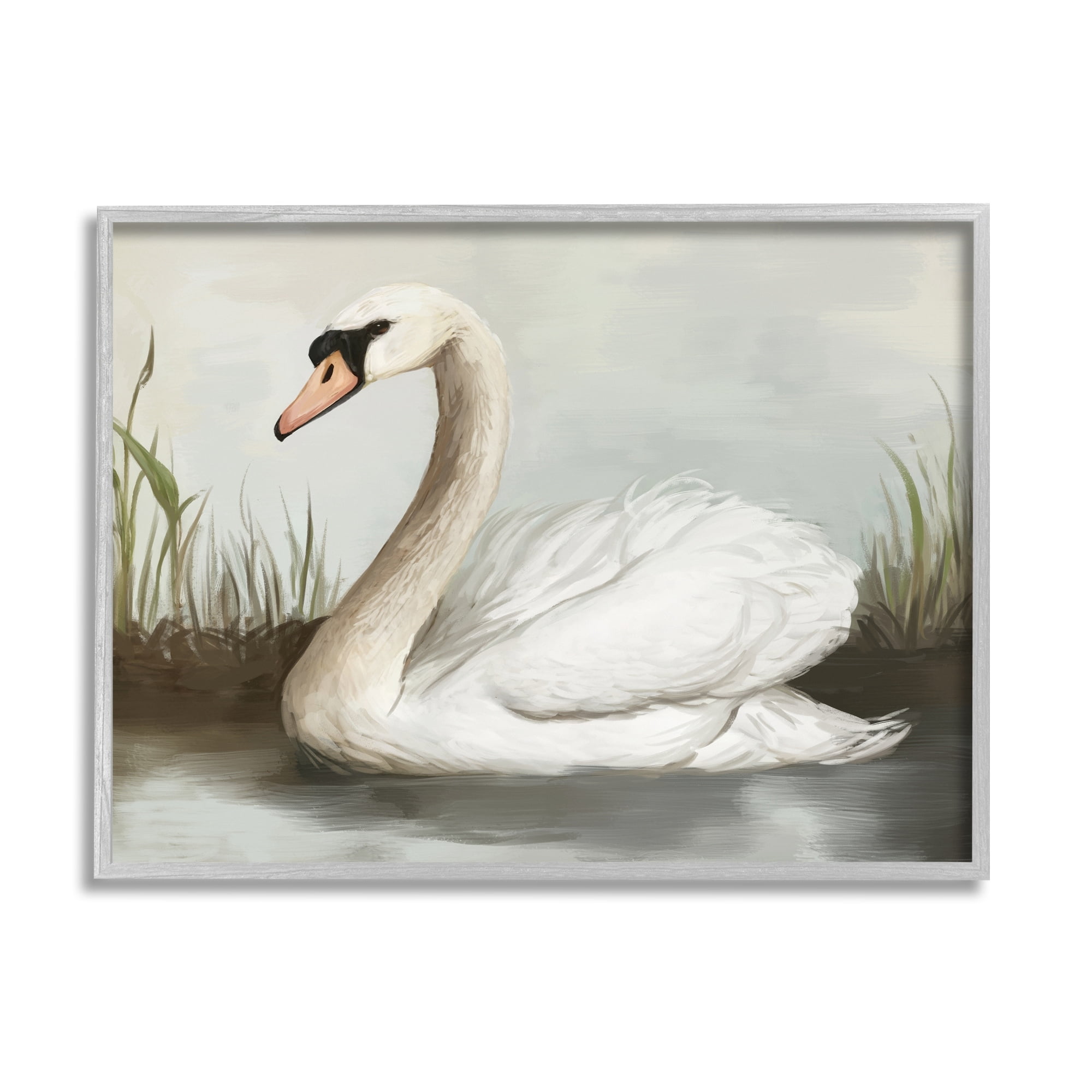 Stupell Industries Swan in Pond Painting Animals & Insects Painting Gray Framed Art Print Wall Art
