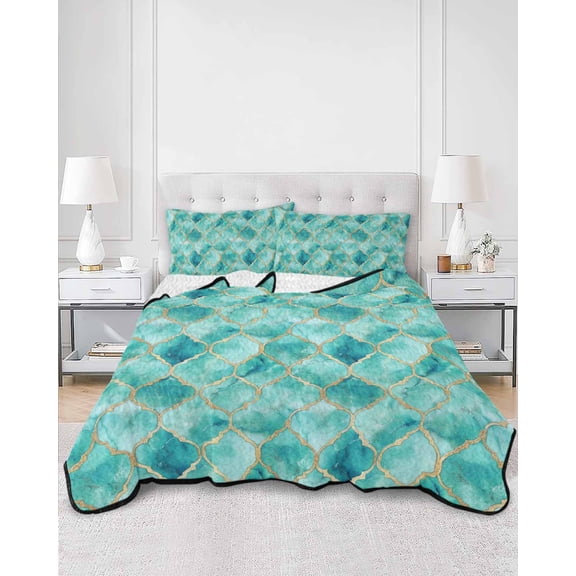 Quilts King Size, Teal Geometric Soft Comforter Bedding Set for Bed, Modern Morocco Abstract Art Lightweight Quilted Bedspread with Pillow Cover(2 Pieces) for All Season, 96x106 Inch