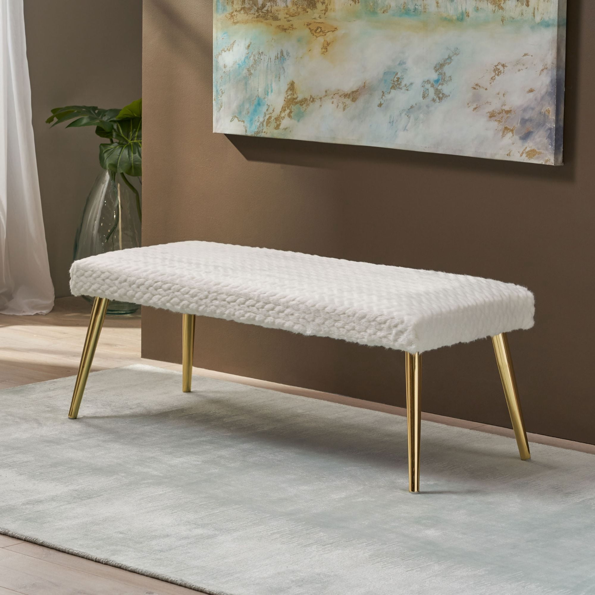 48.75" White and Gold Contemporary Rectangular Bench