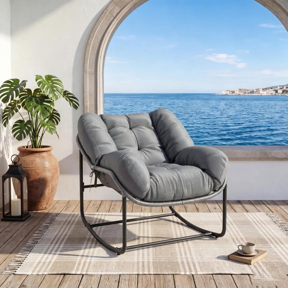 Outdoor Wicker Papasan Rocking Chair with Plush Cushion, Comfortable Egg-Shaped Patio Rocker, All-Weather Reinforced Rattan Frame for Balcony, Porch & Garden, Grey