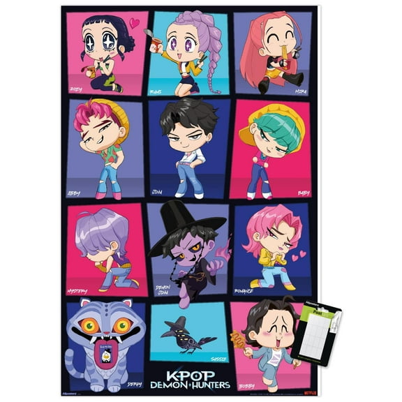 Netflix KPop Demon Hunters (2025) - Chibi Grid Wall Poster with Push Pins, 22.375" x 34"