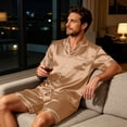 thumbnail image 5 of Leidass Mens Pajama Set Short Sleeve Button Down Sleepwear Set with Shorts Satin Lounge Set Notch Collar Pocket Complexion XL, 5 of 6