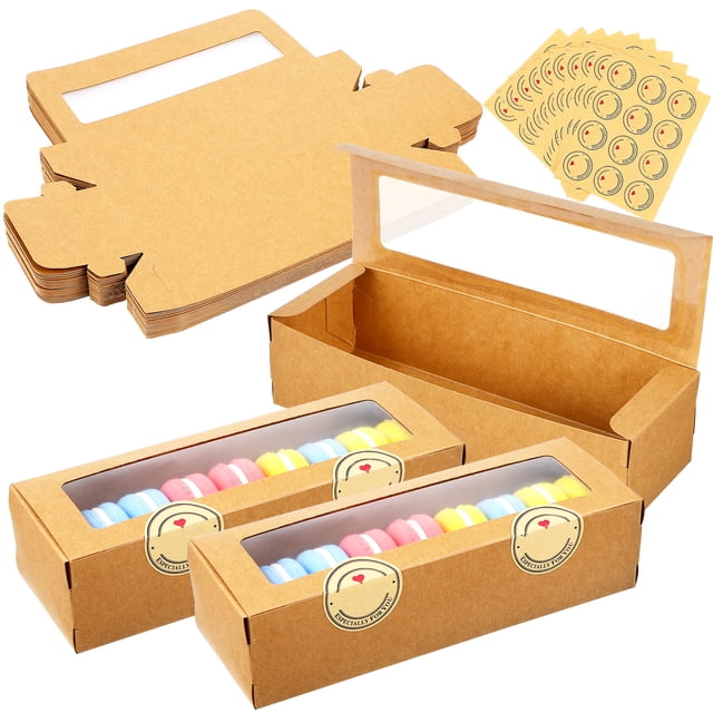 50 pcs cajas de macarrones kraft con ventana de pantalla transparente Cajas de envasado de panadería de macarrones pequeños contenedores con pegatinas
