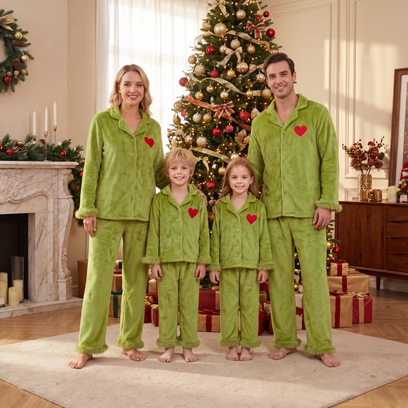 Christmas Family Pajamas Matching Sets Long Sleeve Plush Tops Pants Flannel Two Piece Set