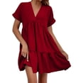 thumbnail image 2 of Puntoco Vestido De Manga Corta Con Cuello En V, Vestido De Verano De Mujer Con Cuello En V Y Manga Corta De Color Liso Burdeos S, 2 of 6