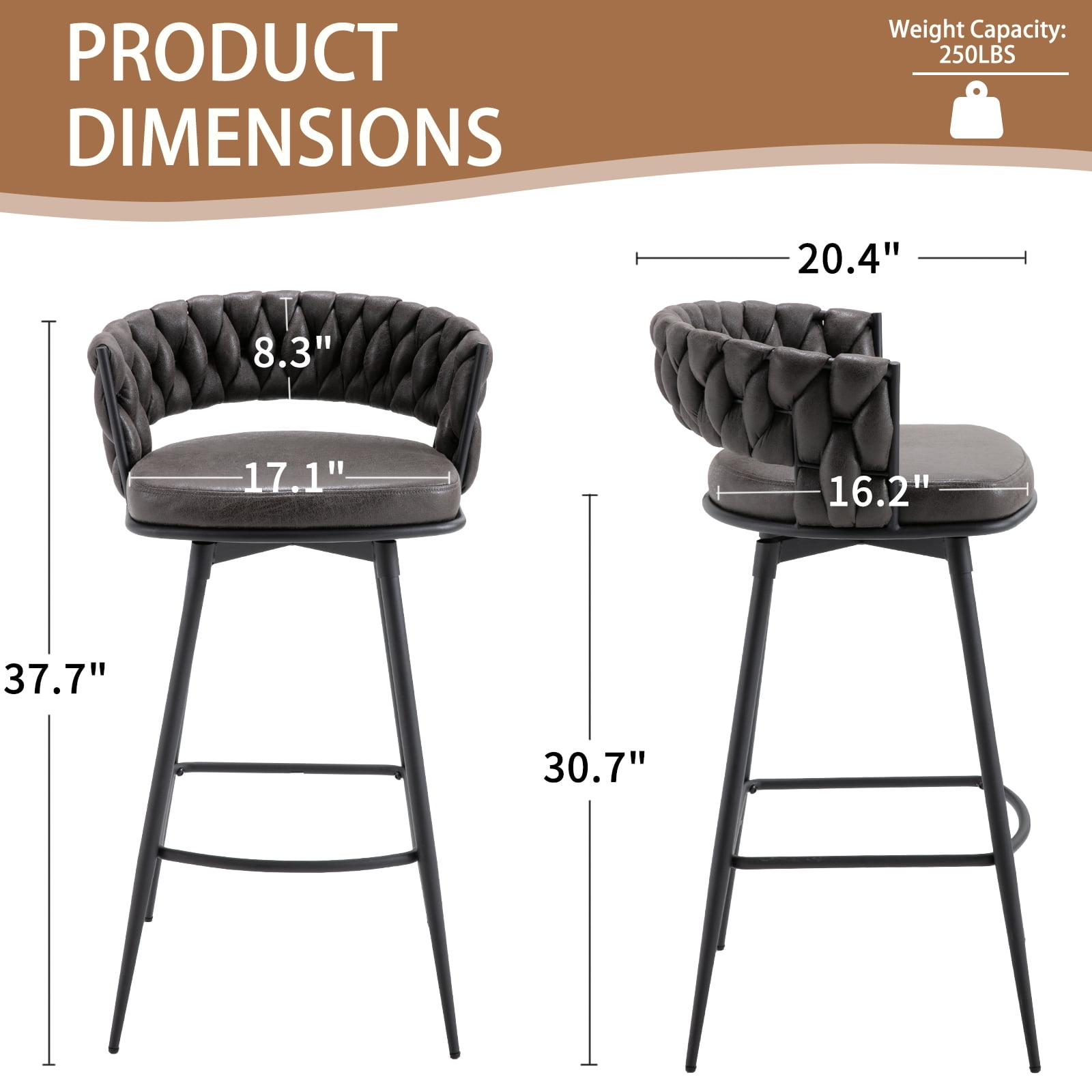 BFZ Upholstered Backrest Bar Stools, Black/Gray (Set of 2)