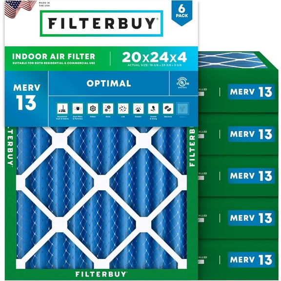 Filterbuy 20x24x4 Air Filter MERV 13 Smoke Defense, Pleated HVAC AC Furnace Filter Replacement, 6-Pack