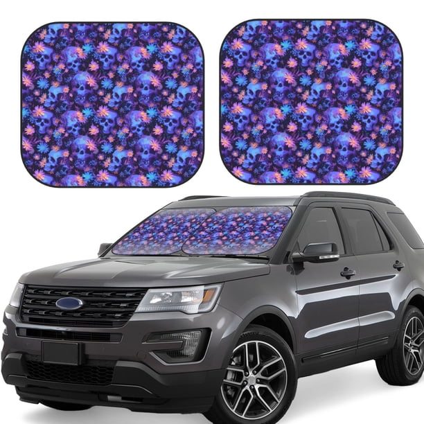 Balery Skull daisy purple Parasol para parabrisas de coche de 2 piezas | Parasol plegable para parabrisas delantero de coche para la mayoría de sedanes-Medium