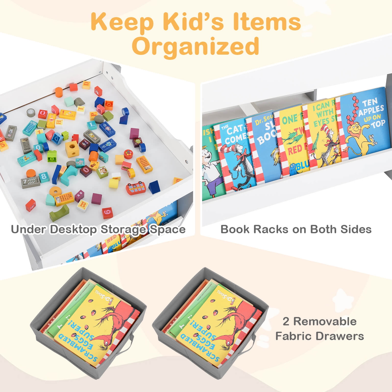 Infans 4-in-1 Kids Table & Chair Set Toddler Wooden Activity Table w/ Side Bookshelves