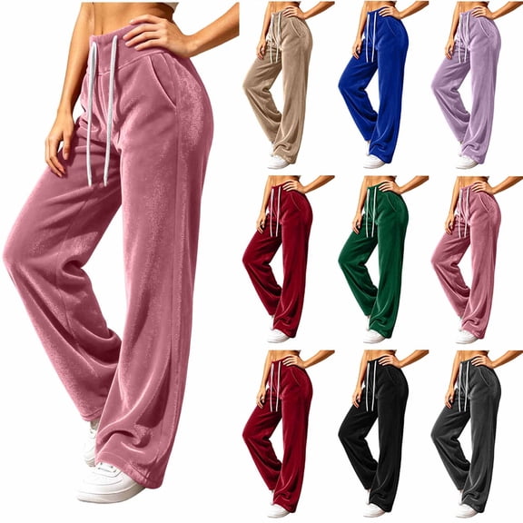 Women Casual Fleece Wide Leg Pants, Elastic Waist Loose Long Trousers with Side Pockets for Daily Loose Outfits Pink-A XL(XL)