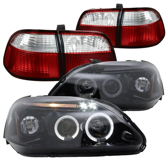 Spec-D Tuning Glossy Black Halo LED Projector Headlights   Red Clear Tail Lamps Compatible with 1999-2000 Honda Civic 4Dr Left   Right Pair Headlamps Assembly