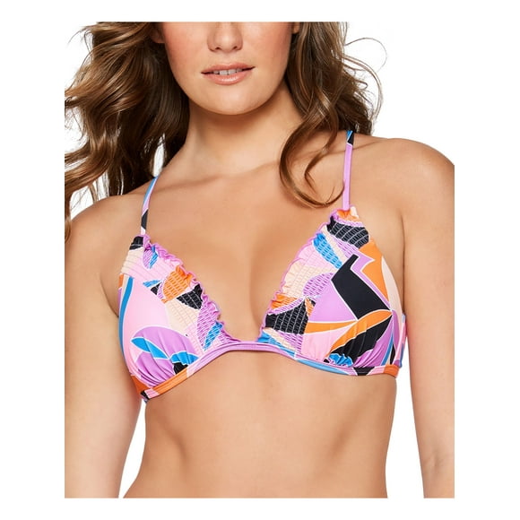SALT + COVE Women's Multi Color Stretch Push-Up Smocked Tie Adjustable Bikini Deep V Neck Fixed Cups Swimsuit Top S