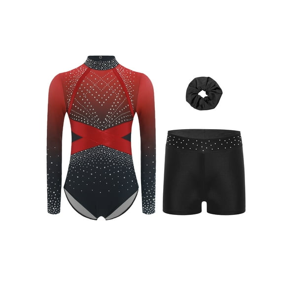 TSSOE Gymnastics Leotard for Girls Long Sleeve Sparkly Dance Biketard Bodysuit with Shorts Hairband Ballet Tumbling Outfit Red 16