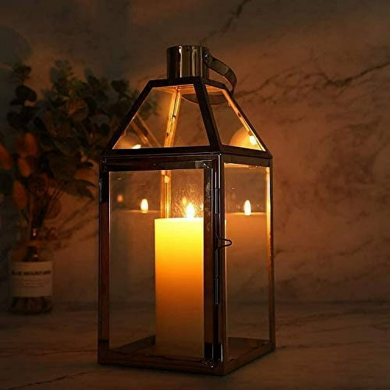 JHY Design Rose Gold Decorative Lanterns 16 inch High Stainless Steel  Candle Lanterns with Tempered Glass for Indoor Outdoor Events Parities and