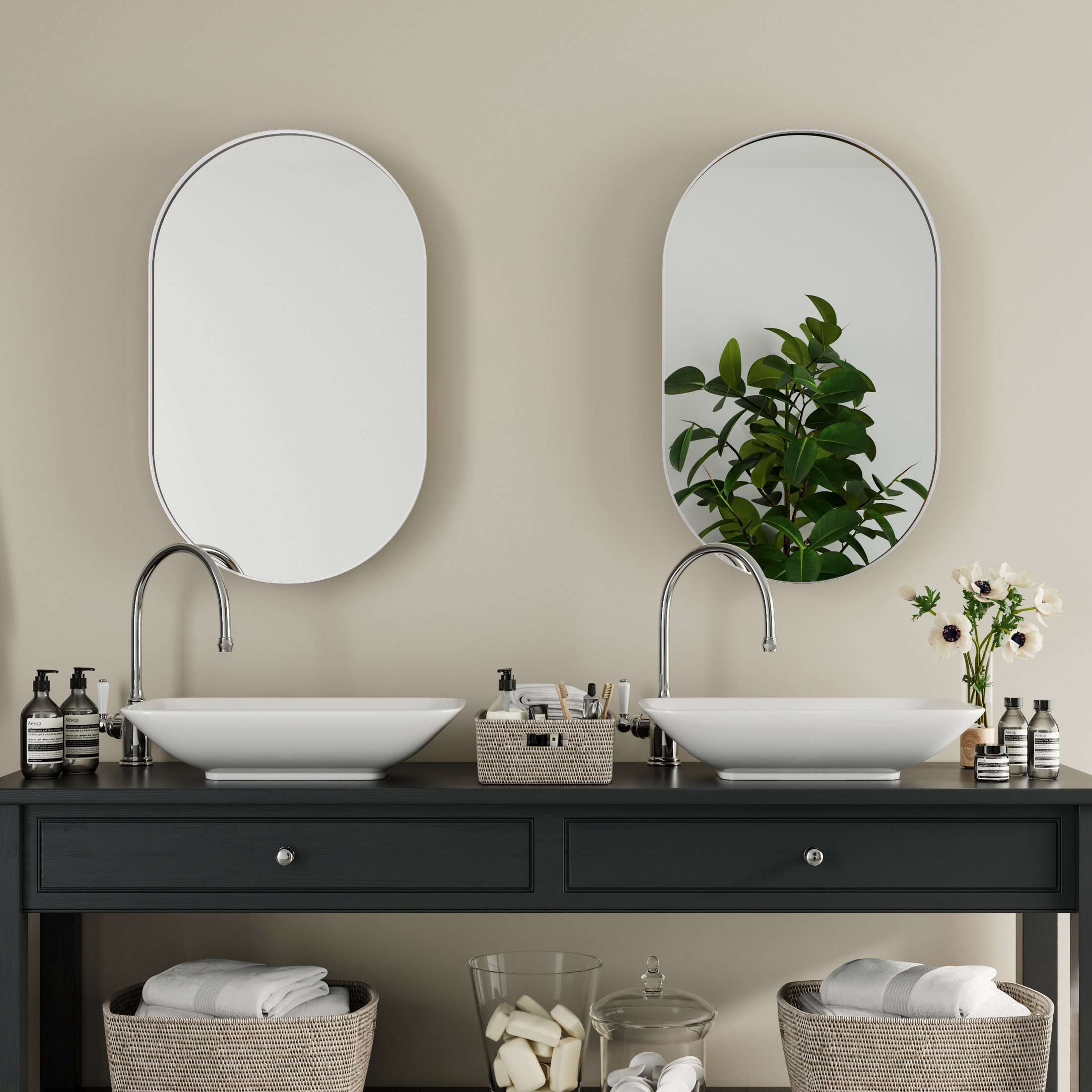 Noble House Oval Recessed Medicine Cabinet, Black Metal Frame Bathroom Mirror with Adjustable Shelves, White
