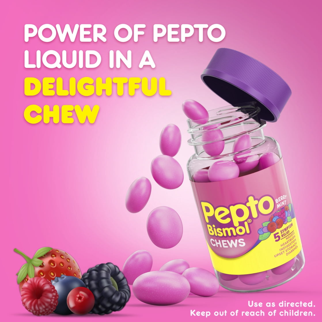 Pepto Bismol Chews, Chewable Indigestion and Anti-Diarrhea Stomach Relief, Berry Mint, 24 Count