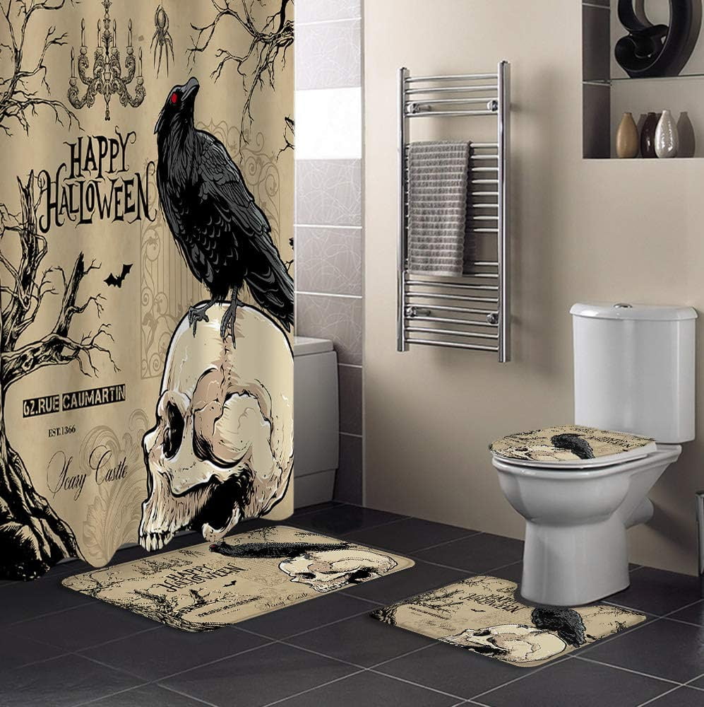 ZHANZZK Happy Halloween 4 Piece Bathroom Set Shower Curtain Bath Rug Contour Mat and Toilet Lid ...