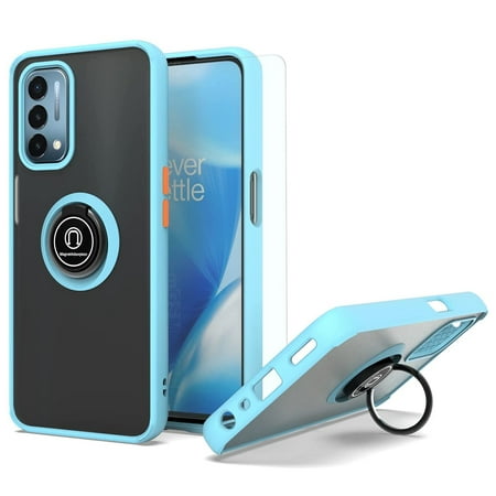 TJS for OnePlus Nord N200 5G Phone Case, with Tempered Glass Screen Protector, 360 Degrees Rotating Metal Ring Magnetic Support Kickstand Cover (Light Blue)