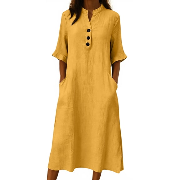 SAWOBUUN Womens Washed Cotton Blend Midi Dress Button V Neck Half Sleeve Casual Loose Summer Dress with Pockets