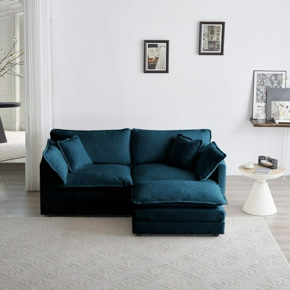 Blue Chenille 2 Seater L-Shaped Sectional with Ottoman for Small Rooms - Premium Material
