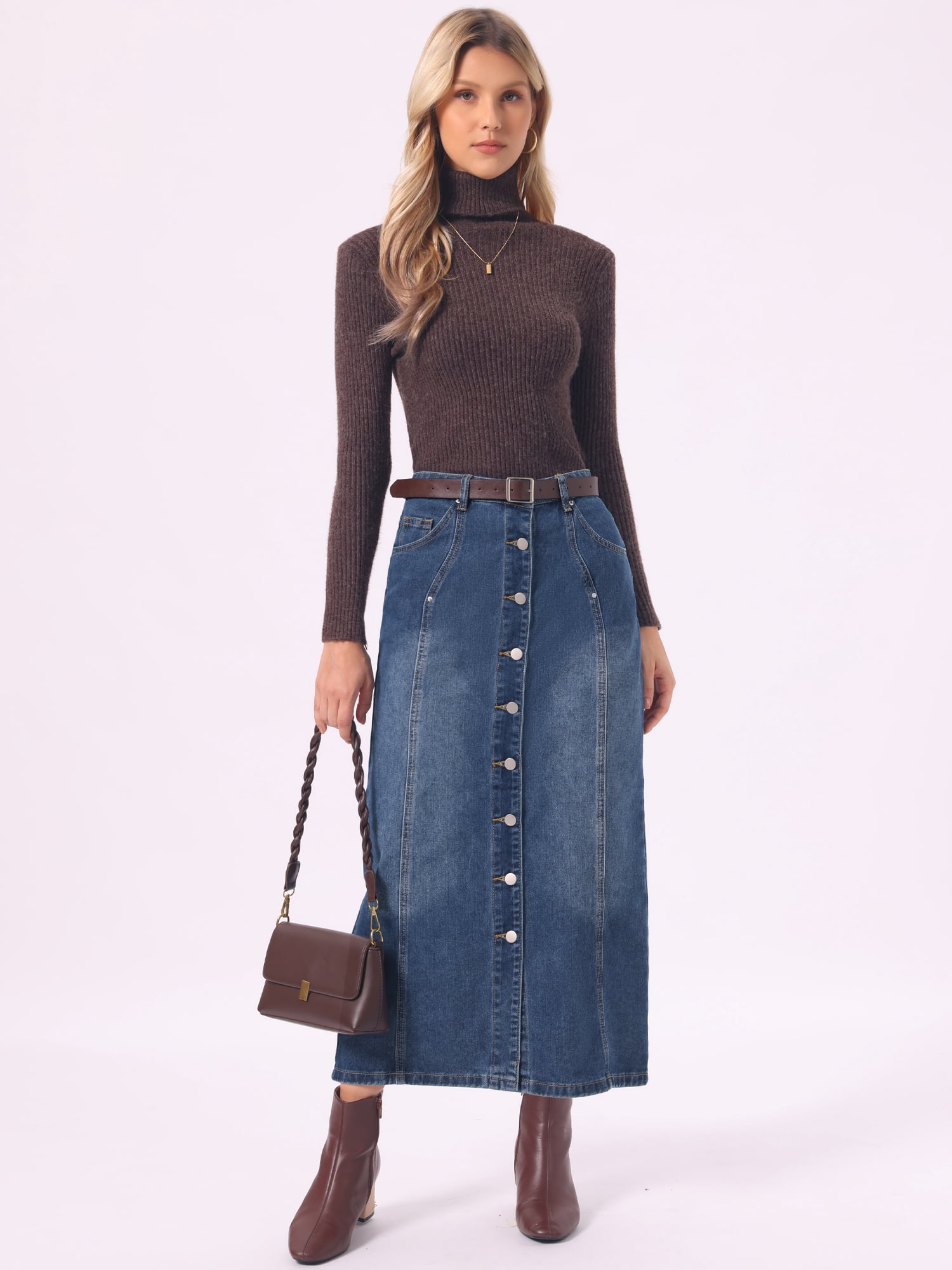 DARING DIVA Women's Denim Skirt Midi Length Button Down Jean Skirts M Blue