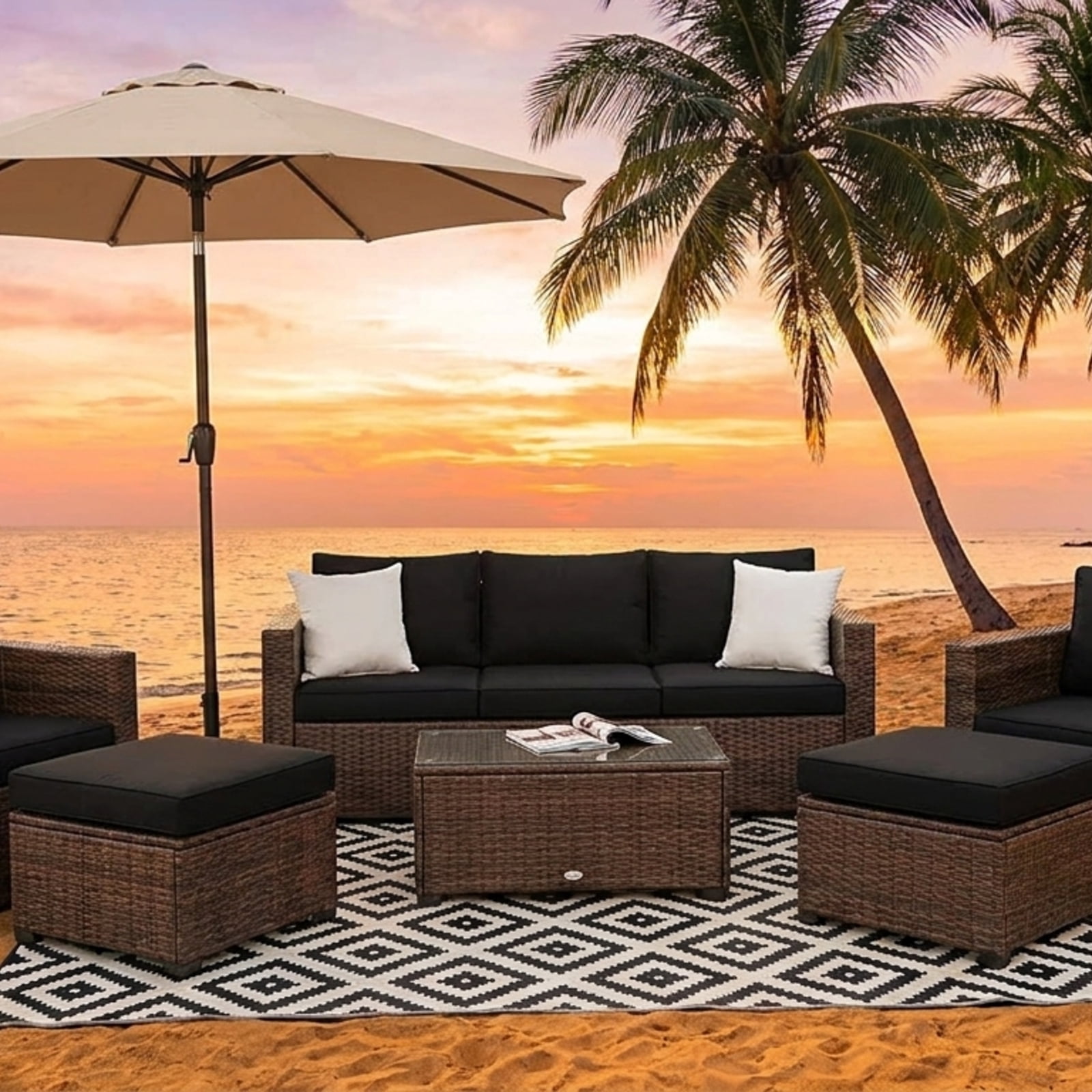 Furnibear 6 Piece Patio Furniture Set Outdoor Sectional Sofa PE Wicker Conversation Set with Glass Table and Cushions for Backyard, Black