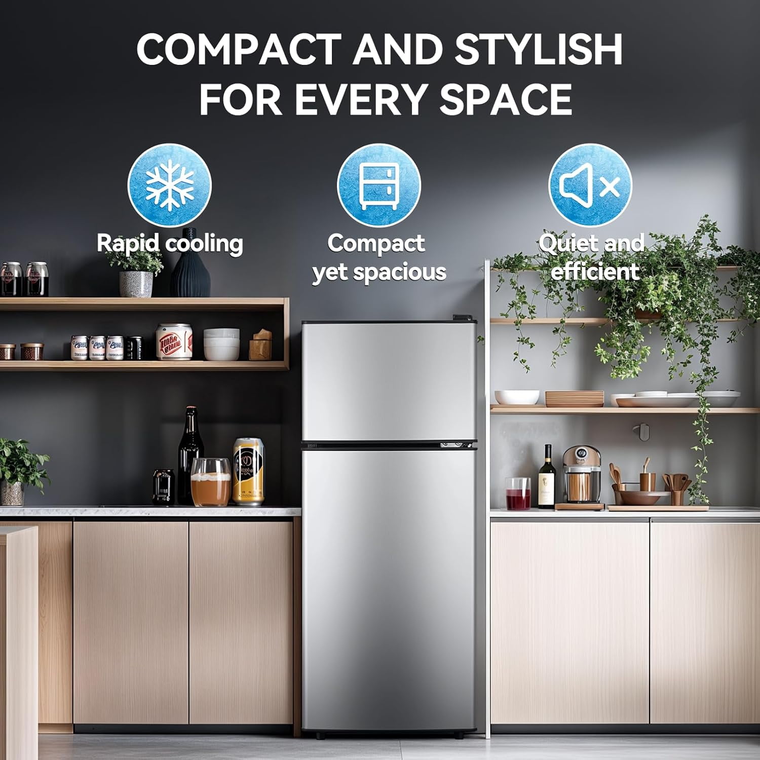 GGTB 3.5 Cu.ft Double Door Refrigerator with Freezer, 6-Level Thermostat, LED Light, Adjustable Shelves for Dorm Bedroom Office Apartment, Silver