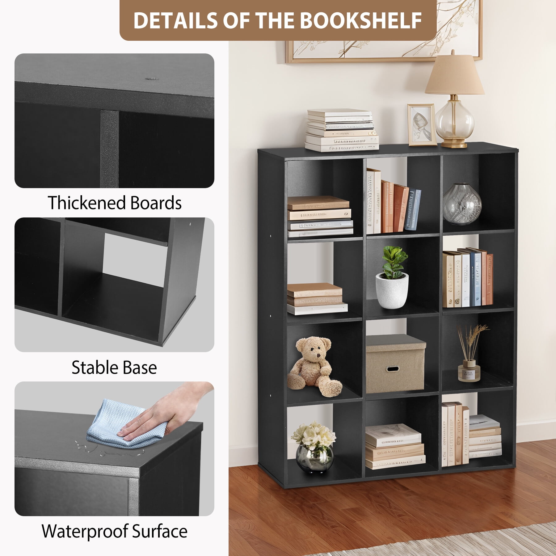 HomGarden 12 Cube Storage Organizer Wood Bookshelf Cube Bookcase for Adult Home Office, Black