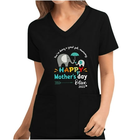 

8th of May Nurse Uniforms Scrub Tops Womens Mother s Day Print V Neck Short Sleeve Tee Shirts With Pocket