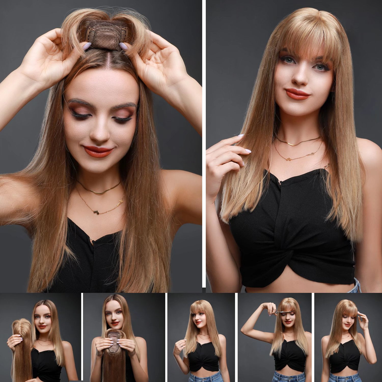 Benehair 100% Real Remy Human Hair Extensions Clip In Hairpiece with Bang Topper Toupee Women Hair Loss Silk Base Seamless 150% Density Brown