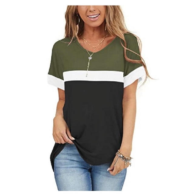 Nouveau T-Shirt Décontracté pour Femmes à Manches Courtes V Col Rond et T-Shirt à Épissure Imprimée à Rayures