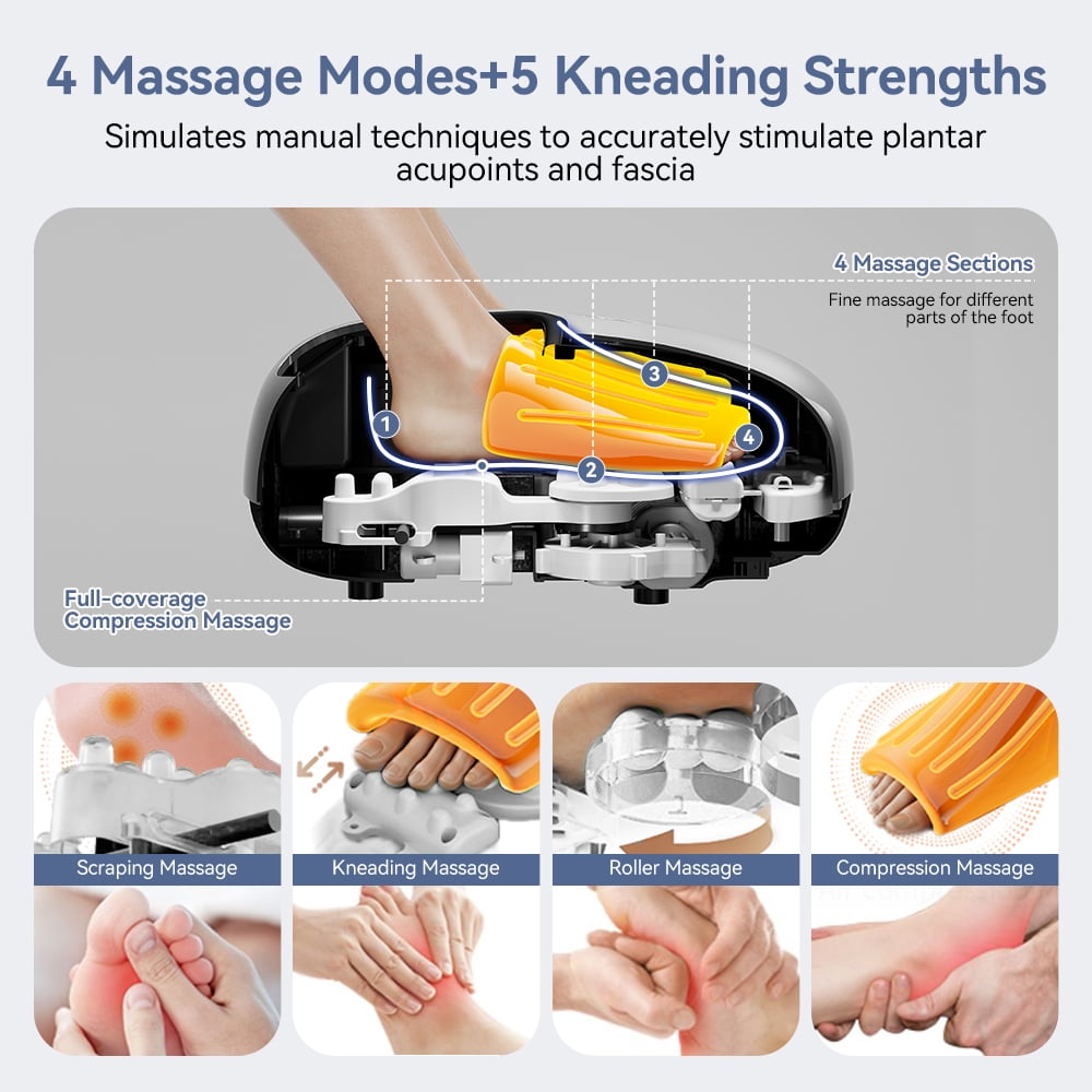Foot Massager with Heat, Caveen Shiatsu Feet Massager Machine with 4 Modes & 5 Intensities, Auto-off Timers, Relax for Home or Office, Silver