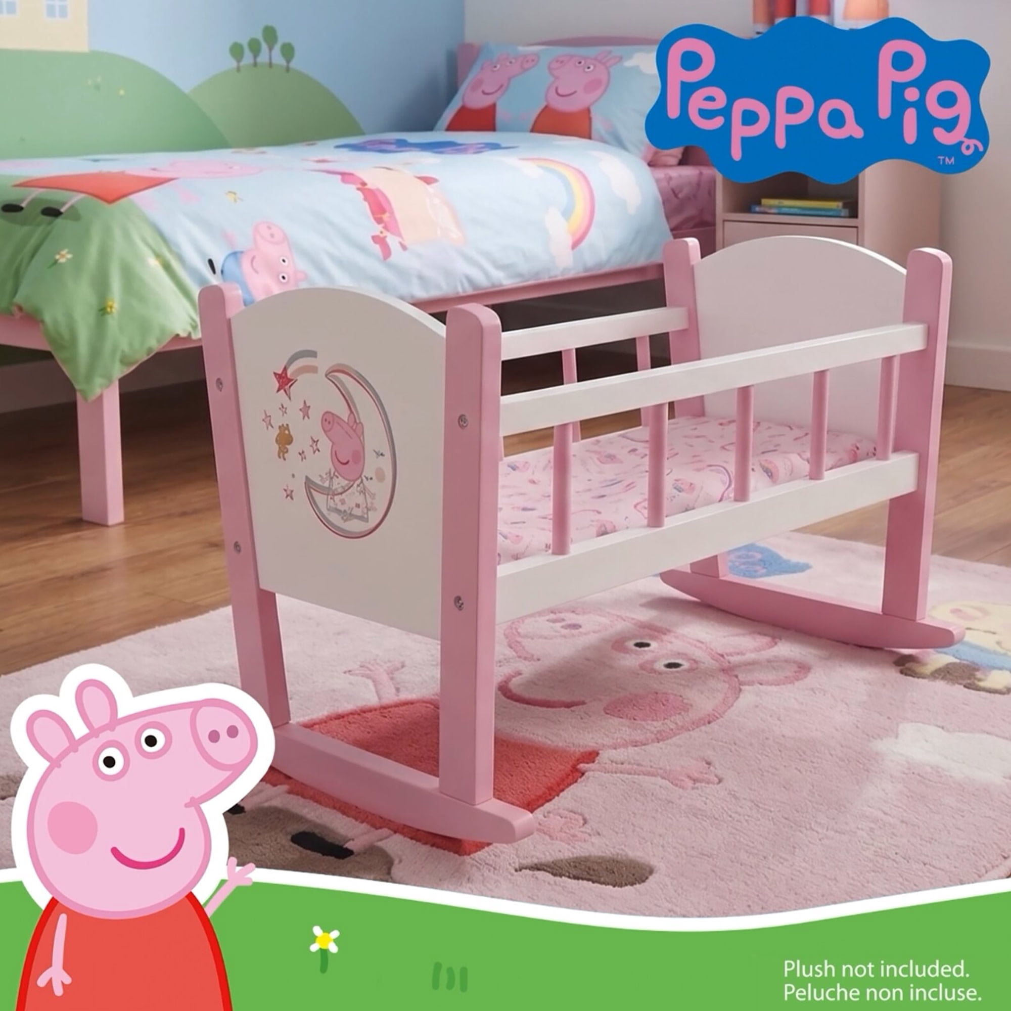 509 Crew: Peppa Pig - Wooden Doll Cradle - Pink-White-Moon, Rocking Bed, Pillow & Blanket, Doll & Plush Sleeping Accessory, Roleplay Toy, Kids 3+