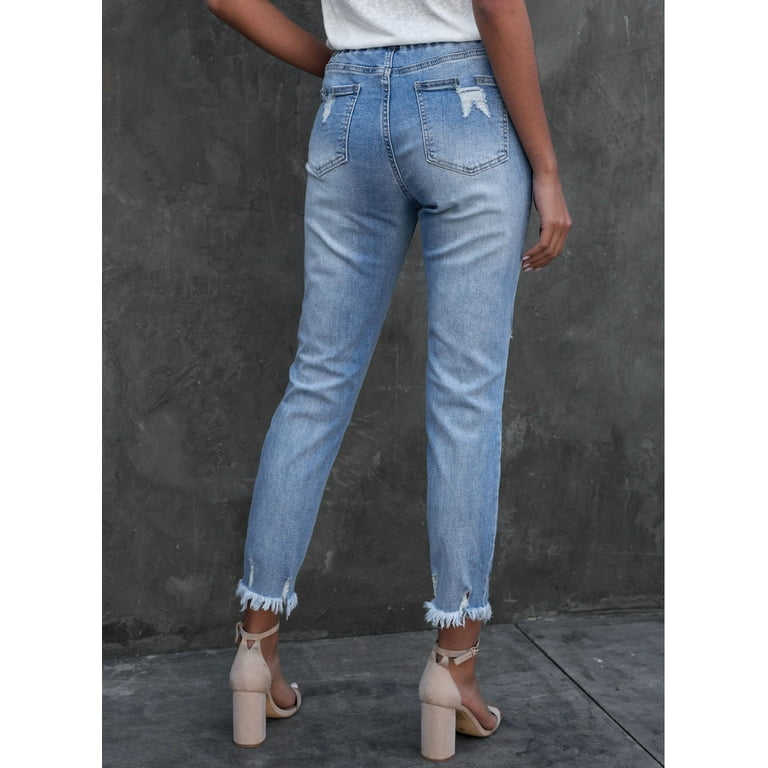 FARYSAYS Womens Drawstring Elastic Waist Jeans Distressed Ripped