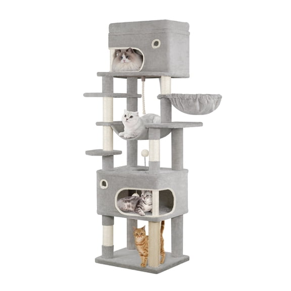 Hzuaneri Cat Tree, 70.1" Tall Multi‑Level Indoor Cat Tower with Scratching Posts, Large Platform, Caves & Hanging Basket, Light Gray