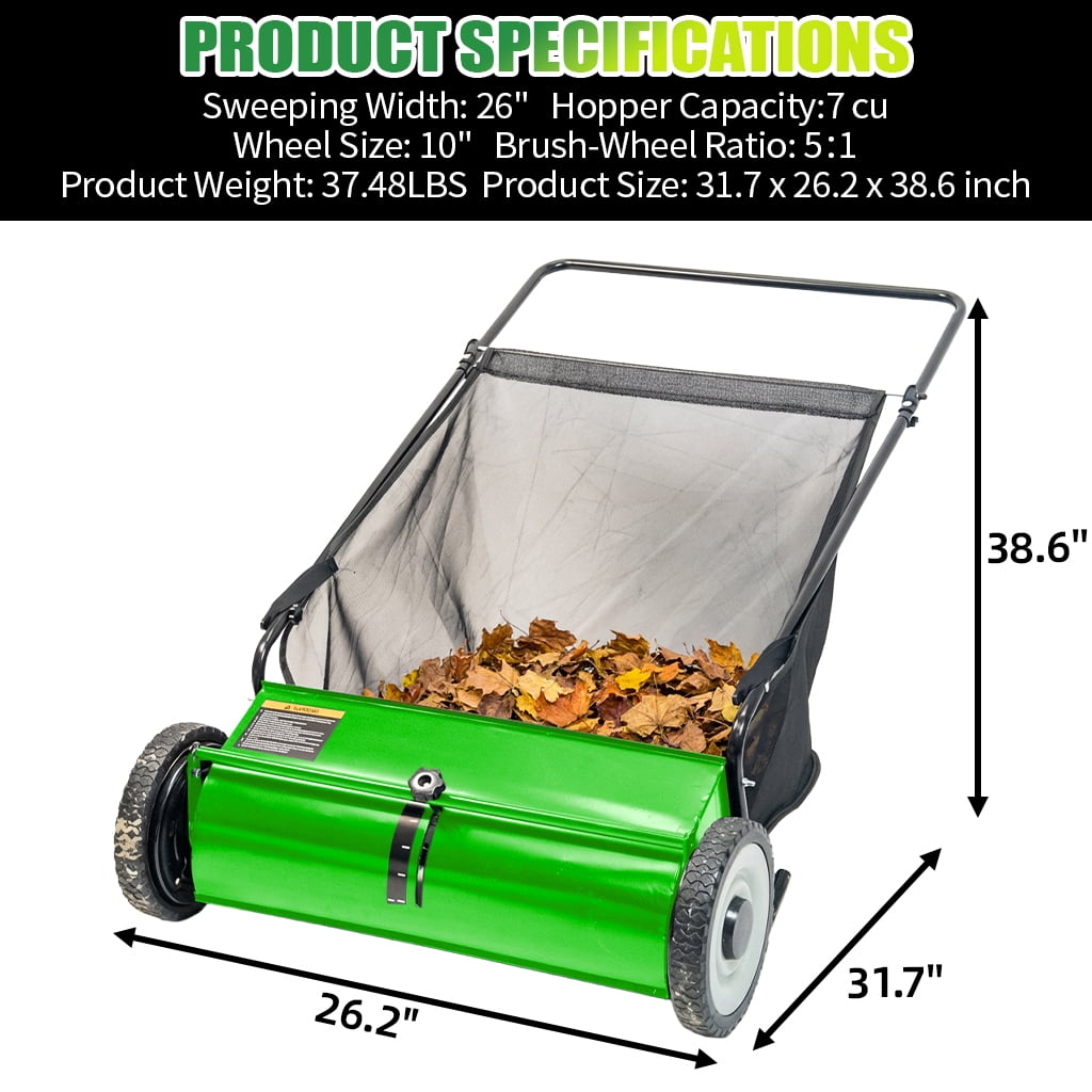 26" Push Lawn Sweeper, 7 cu.ft Large Capacity Yard Sweeper Push, Leaf Collector with Detachable Hopper, Rubber Wheels, Ergonomic Handle for Lawns, Yards & Gardens,Adjustable Height