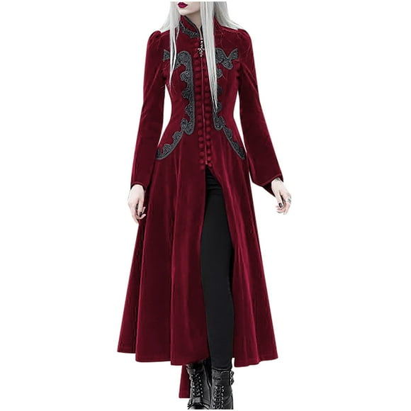 Yuyuzo Womens Velvet Maxi Dress Long Sleeve Zip up High Neck Vintage Split Ruffle Gothic Dresses Solid Color