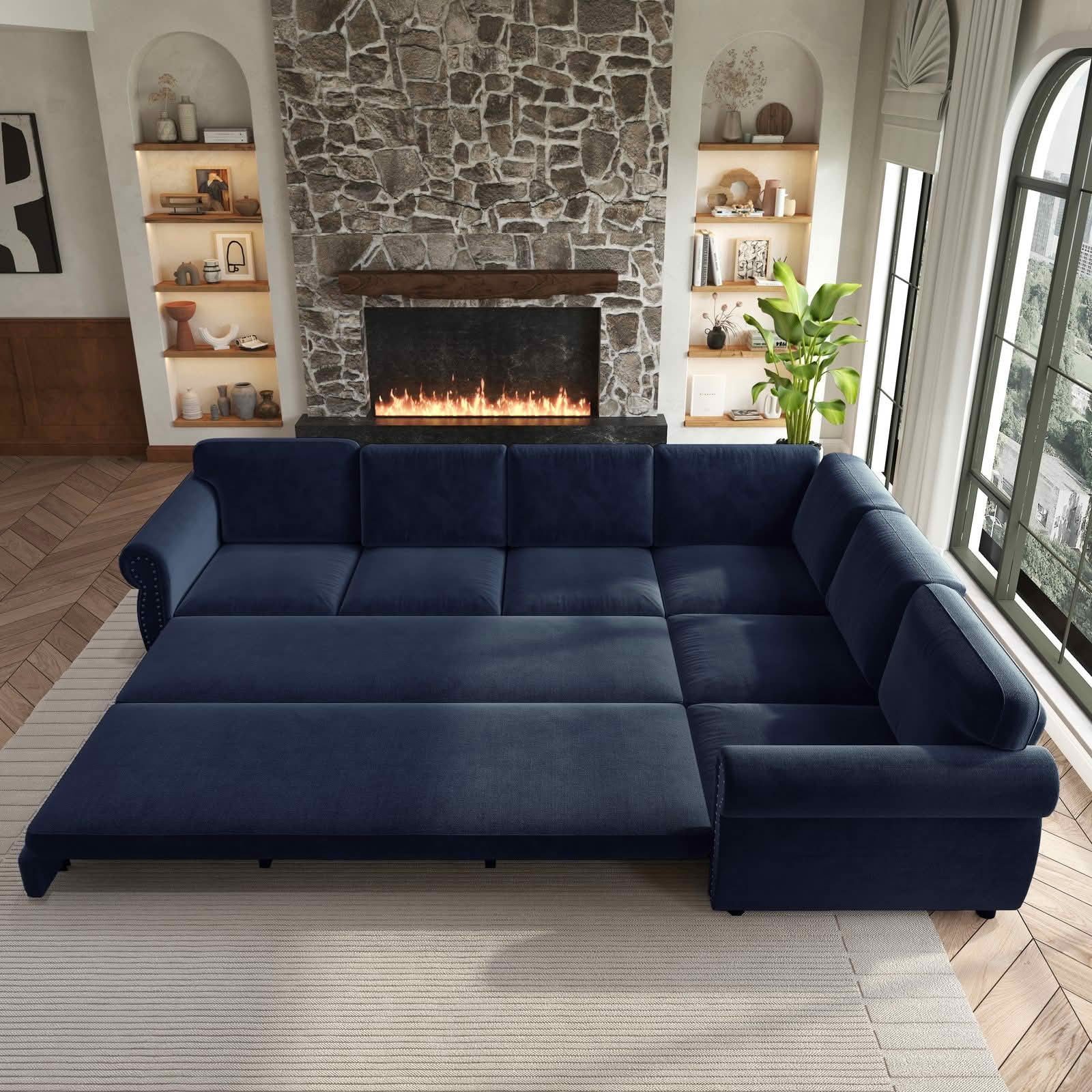 MAYEERTY 118" L‑Shaped Convertible Pull‑Out Sofa Bed, Chenille Sectional Couch with Nailhead Trim & Rolled Arms, Oversized Multifunctional Sleeper Sofa